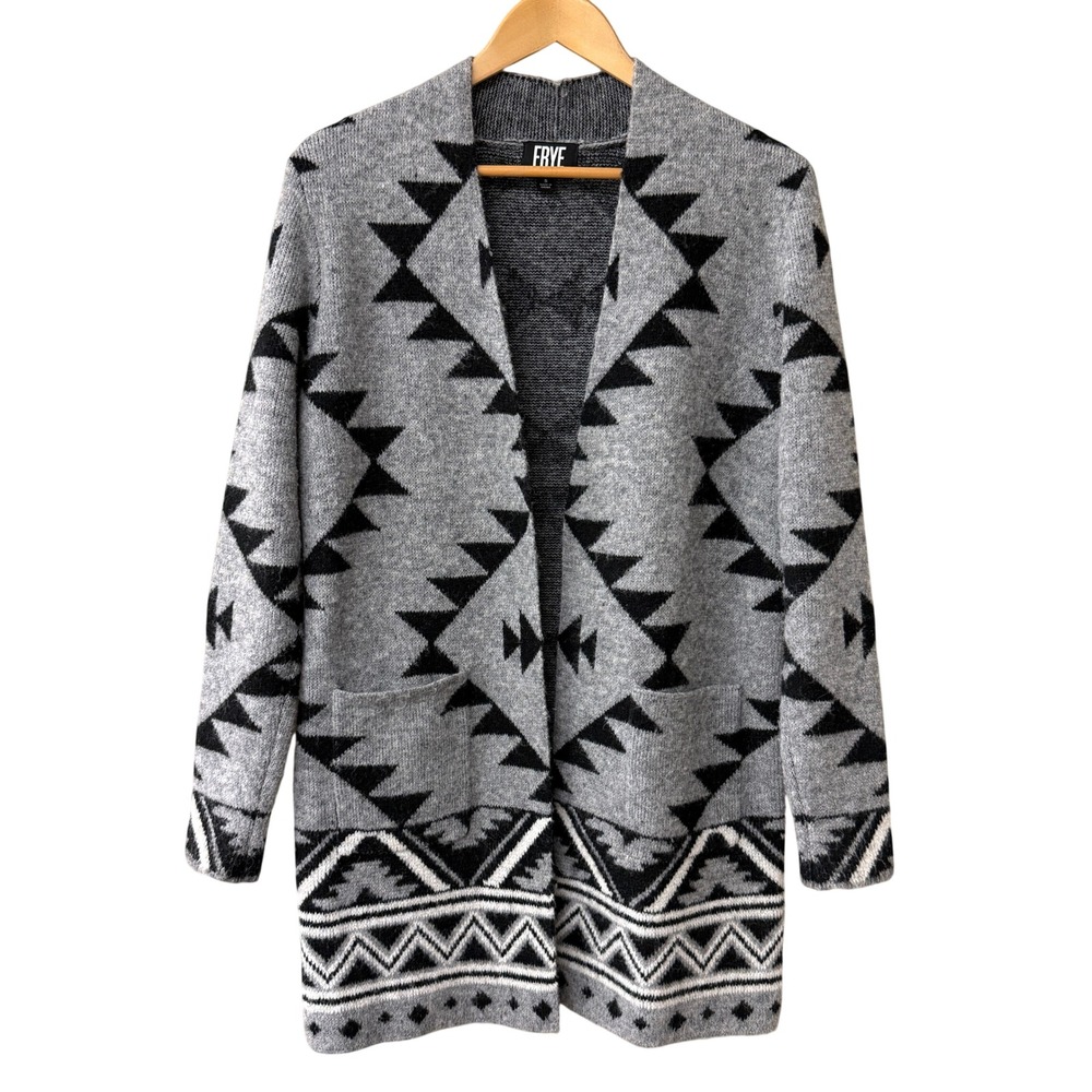 Frye Womens The Cozy Cardigan Size Small Gray Black Southwestern Open Front Knit